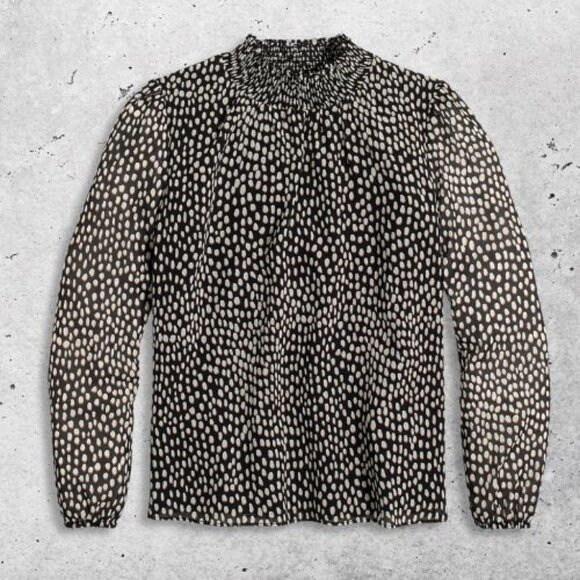 J.Crew Smocked Neck Top Oncilla Cat Print Elastic Cuffs Black & White Women's XS - Picture 1 of 11